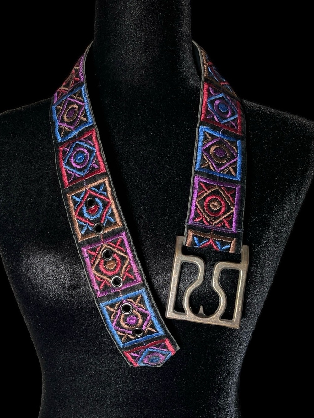 Contempo - 70's/80's Jewel Tone Embroidered Buckle Belt - Size S